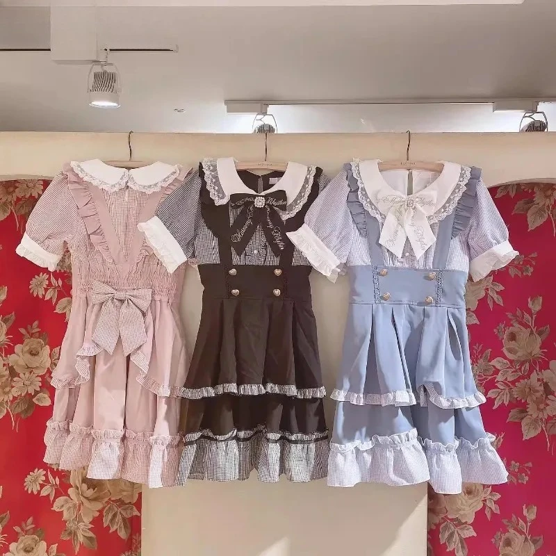 

Japanese Cute Bow Maid Style High Waist Fake Two-piece Dresses Summer Sweet Girls New Retro Slimming Short-sleeved Dress