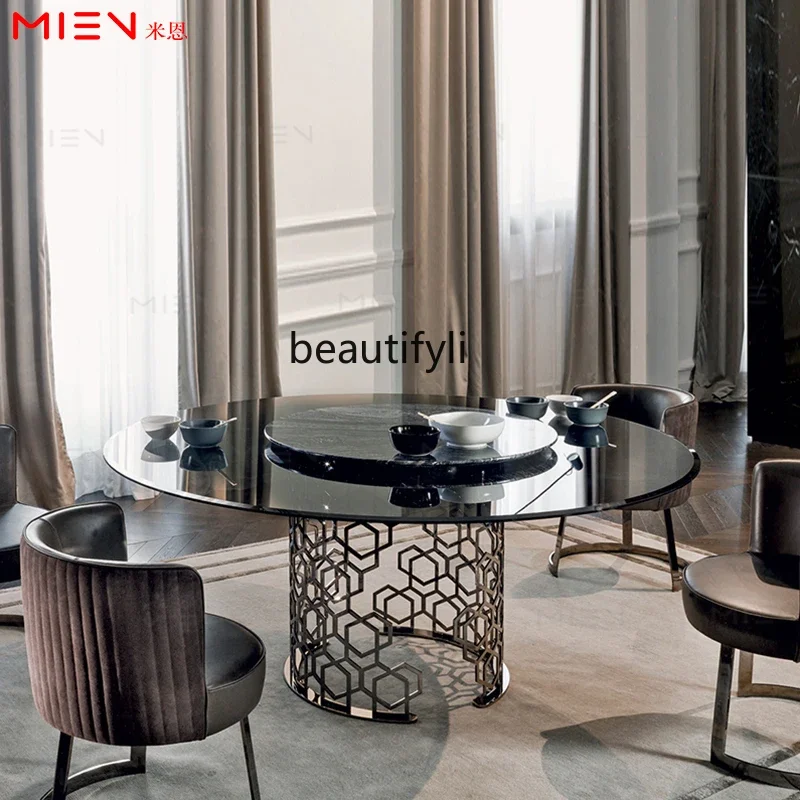 

Light luxury stainless steel laser round dining table restaurant marble dining table with turntable negotiation table