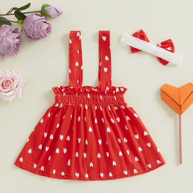 Vestido infantil feminino com suspensório de dia dos namorados, estampa de coração, sem mangas, linha A, com faixa de cabeça com laço