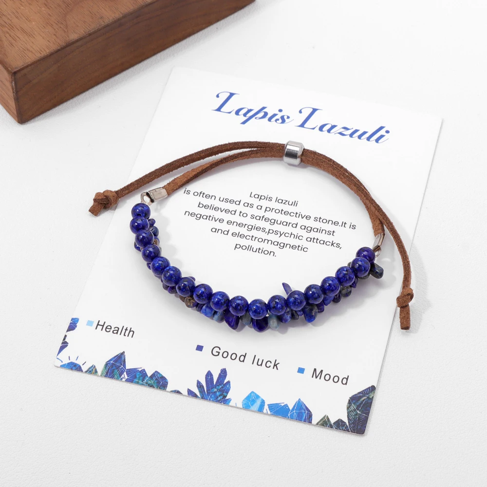 Blue Lapis Lazuli Bracelet For Men Women Natural Stone Chips Beaded Bracelet With Wish Card Jewelry Adjustable Bangles Gift