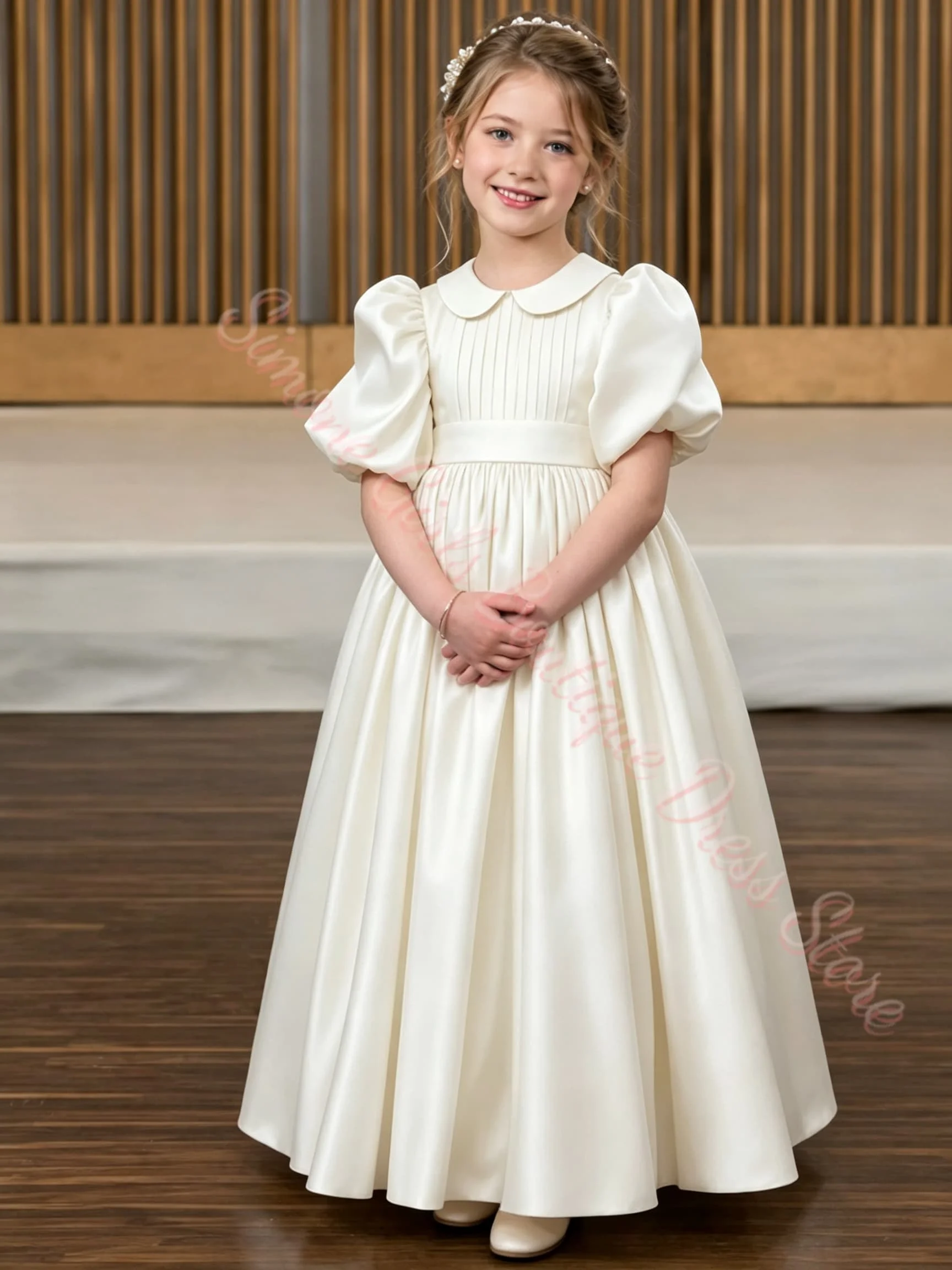 Maßgeschneidertes blaues Blumenmädchenkleid für Hochzeiten, plissiert, hohe Taille, halbe Ärmel, bauschiges Kleid für Kindergeburtstage, Erstkommunion. – Detail 2