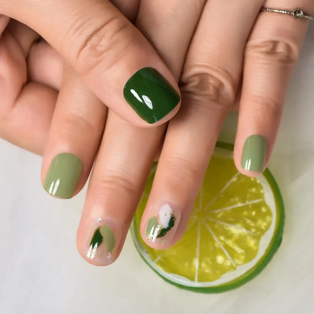 24pcs Glossy Summer Solid Green Press On False Nails Short Squoval Acrylic Clear Pre-design Nail Art Tips Fake Fingernails