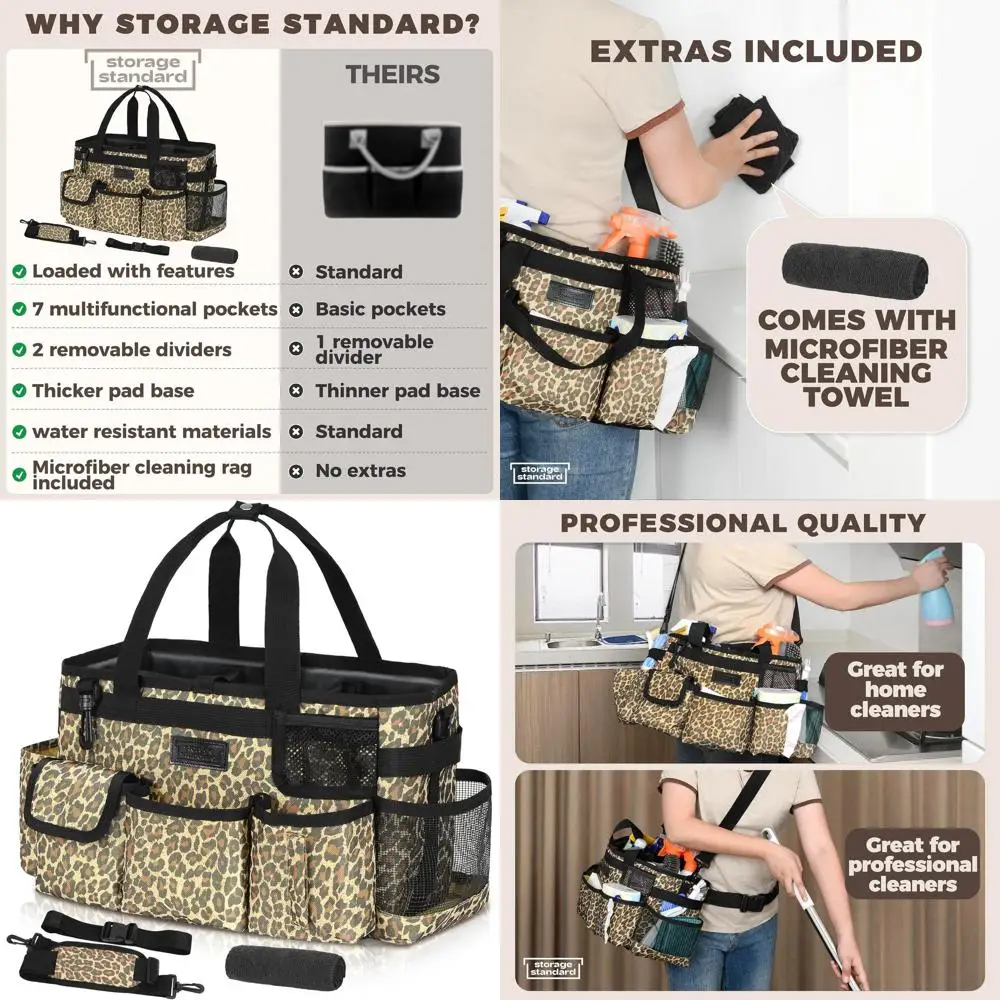 

Leopard Print Cleaning Caddy with Handle, Adjustable Straps, and Cleaning Cloth