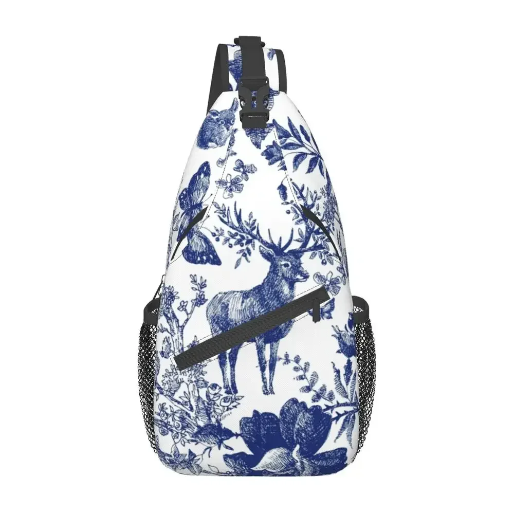 French Toile De Jouy Indigo Pattern Sling Chest Bag Vintage Animal Crossbody Shoulder Backpack for Men Cycling Camping Daypack