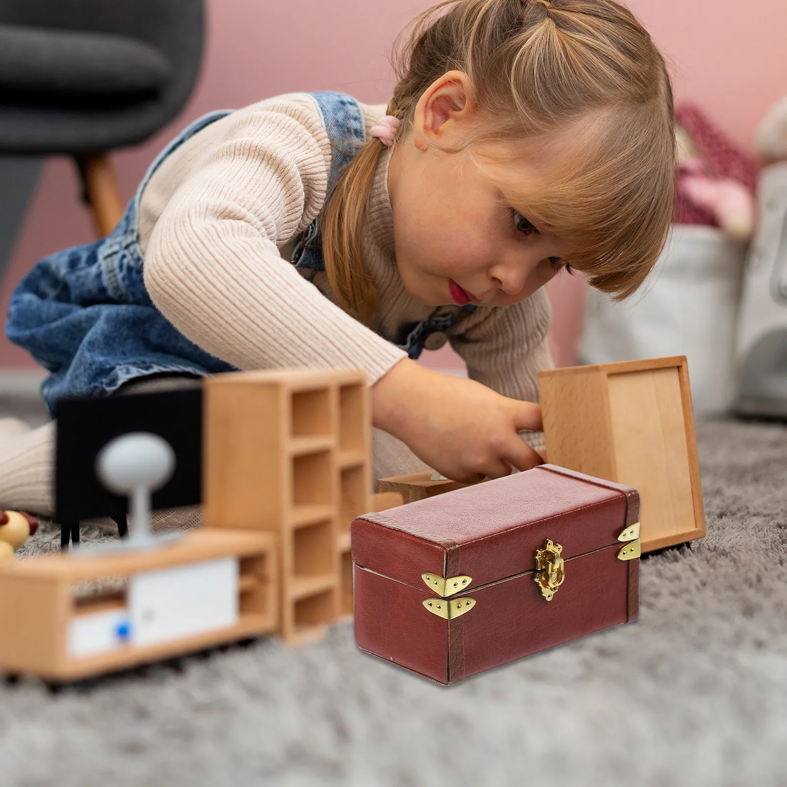 

1:12 Scale Miniature Vintage Suitcase Dollhouse Travel Trunk with Wooden Frame Surface Realistic Mini Storage Case Decor
