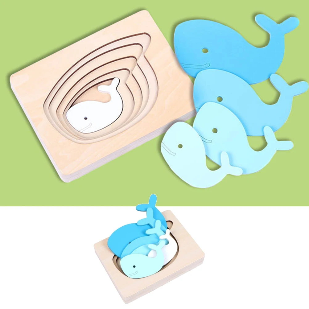 Drewniane, wielowarstwowe puzzle ze zwierzętami, niebieski gradient, wieloryb, kreskówkowe, trójwymiarowe panele, gra edukacyjna do wczesnego rozwoju poznawczego.