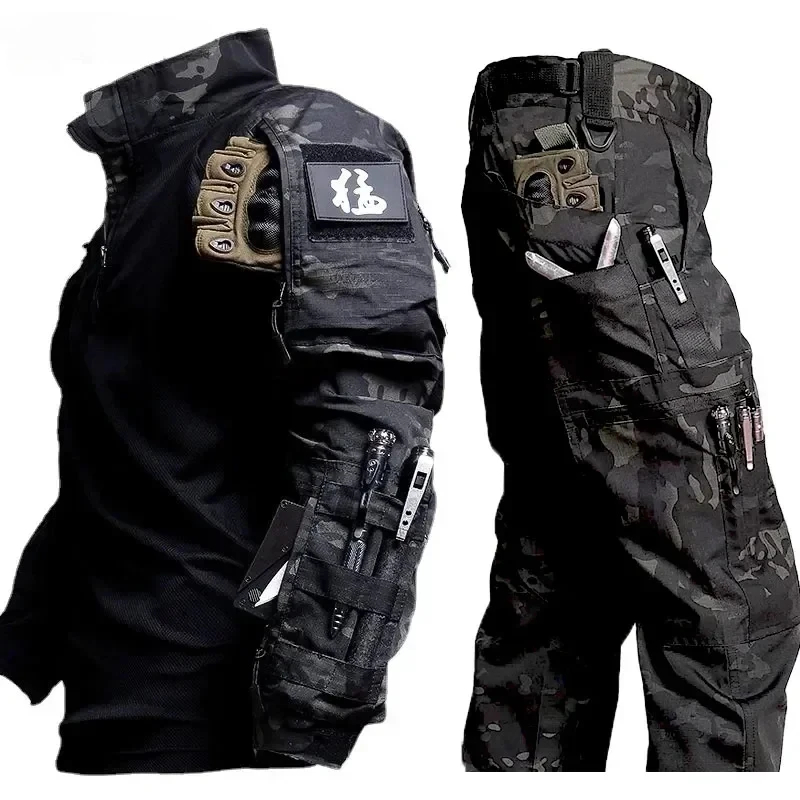 Outdoor Tactical Sets Men Wear-resistant Hunting Uniform Sweatshirt+Multi-pocket Cargo Pant 2 Pcs Suits Waterproof Combat Set