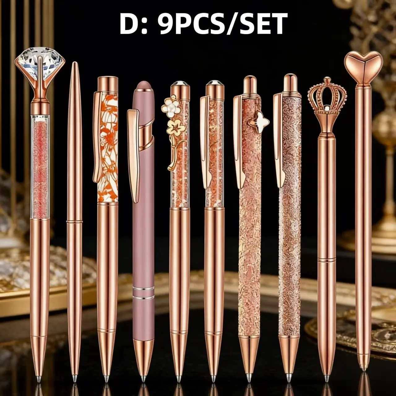 3/8/9-teiliges roségoldenes Metall-Kugelschreiber-Set mit Perlen, Treibsand, Krone, Liebe, künstlichen Diamanten, Schul- und Bürobedarf, Geschenke