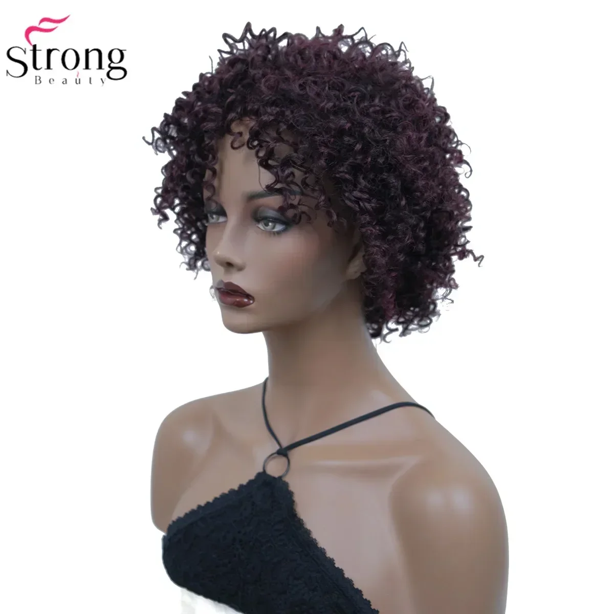 شعر مستعار صناعي قصير مجعد من سترونج بيوتي أفرو كينكي للنساء، شعر مستعار أحمر خمري/أسود طبيعي