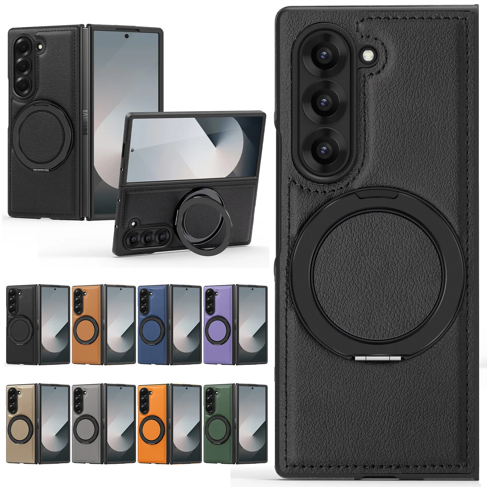 Magnetic Leather Phone Case For Samsung Galaxy Z Fold 7 6 5 4 3 Rotate Ring Holder Stand Shockproof Hard Back Cover