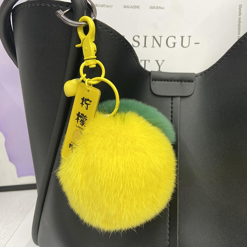 New Lemon Keychain Accessories 100% Natural Rex Rabbit Hair Pendants Ladies Plush Bag Pendants Men\'s Cars Cute Wome Key Holder