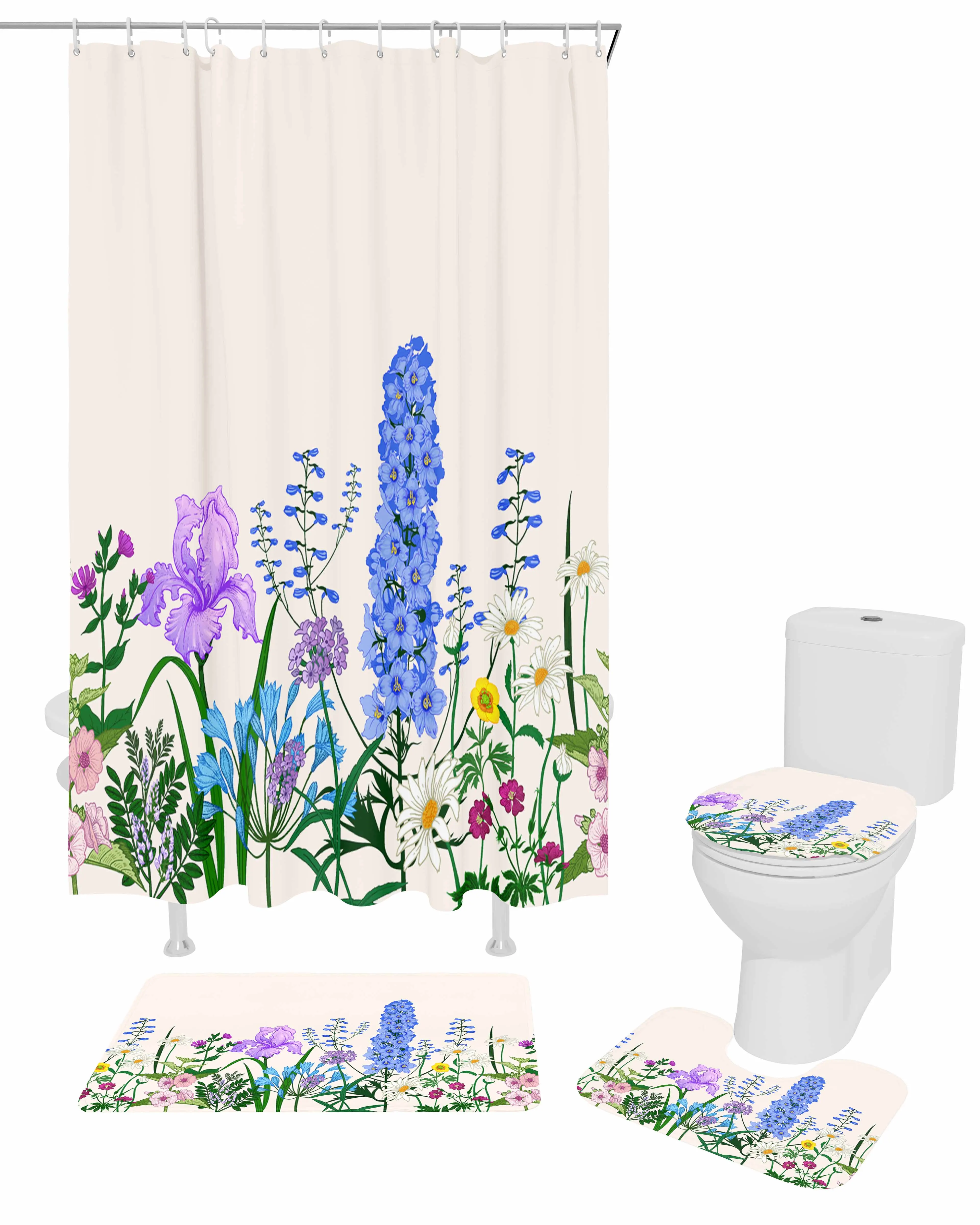 Spring Plants Flowers Herbs Shower Curtain Non-Slip Rugs Toilet Lid Cover and Bath Mat Bathroom Curtains with Hooks