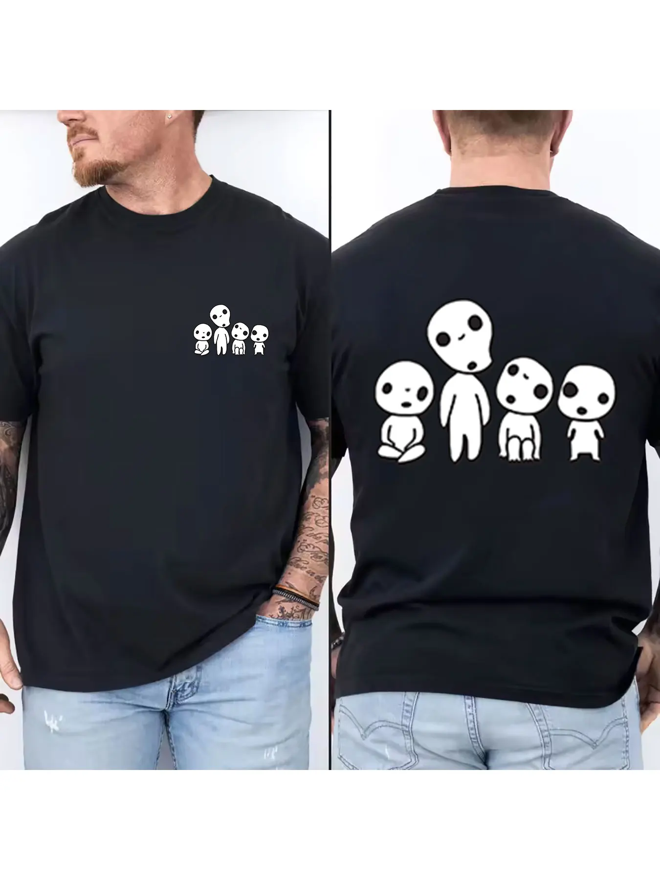 Men's Pure Cotton Crew Neck T-Shirts with Cute Cartoon Spirit Prints, Casual Loose Fit Short Sleeve Tees, Lightweight Breathable