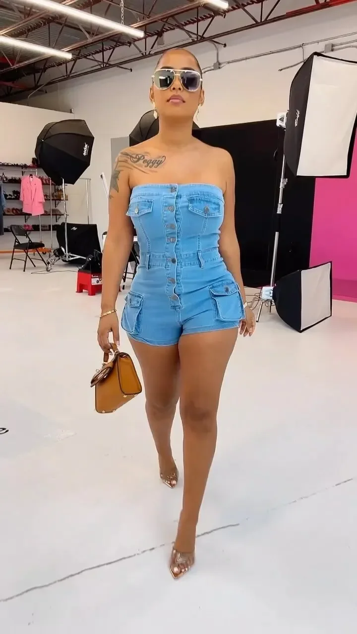 Multi Pockets Jeans Stretch Playsuit Sexy Women Strapless Bodycon Denim Club Romper Overalls