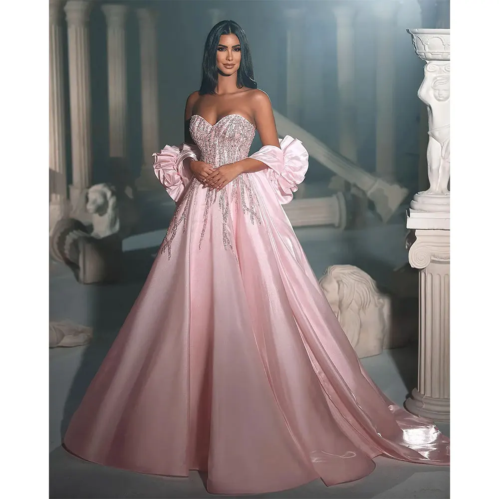 2024 Pink Sweetheart Strapless Wedding Dresses Mexico Princess A Line Satin Glittery Sequins Evening Gowns With Wrist Corsages