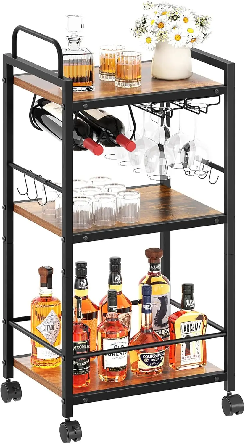 

3-Tier Rolling Bar Cart with Wheels, Glass & Wine Holder, Rustic Brown for Kitchen Living Room