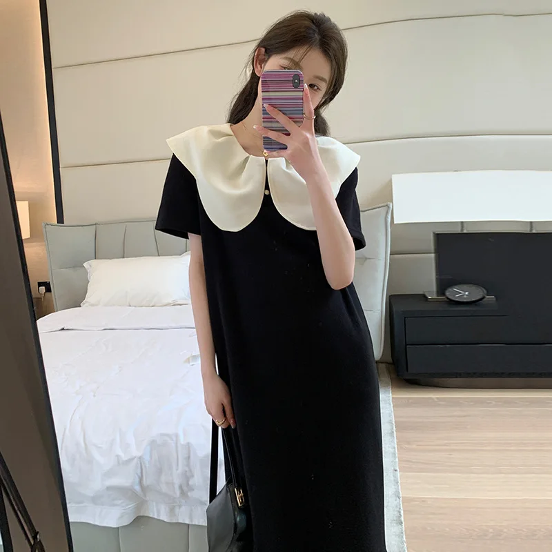 

Elegant Maternity Summer Dress for Pregnant Women Retro Peter Pan Collar Flowy Long Maxi Dress Loose Fit Slimming Short Sleeve