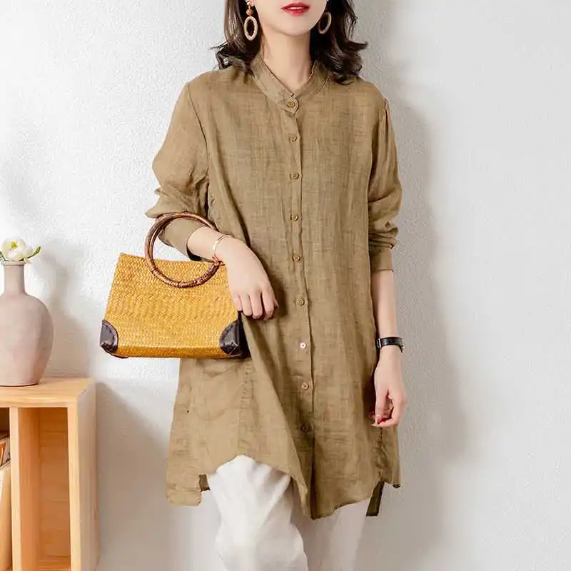 

Ladies Long Blouse Dress Shirt Top Retro Linen Loose Casual Female Women Solid Long Sleeve Blouse Shirt Top Vestidos Plus Size