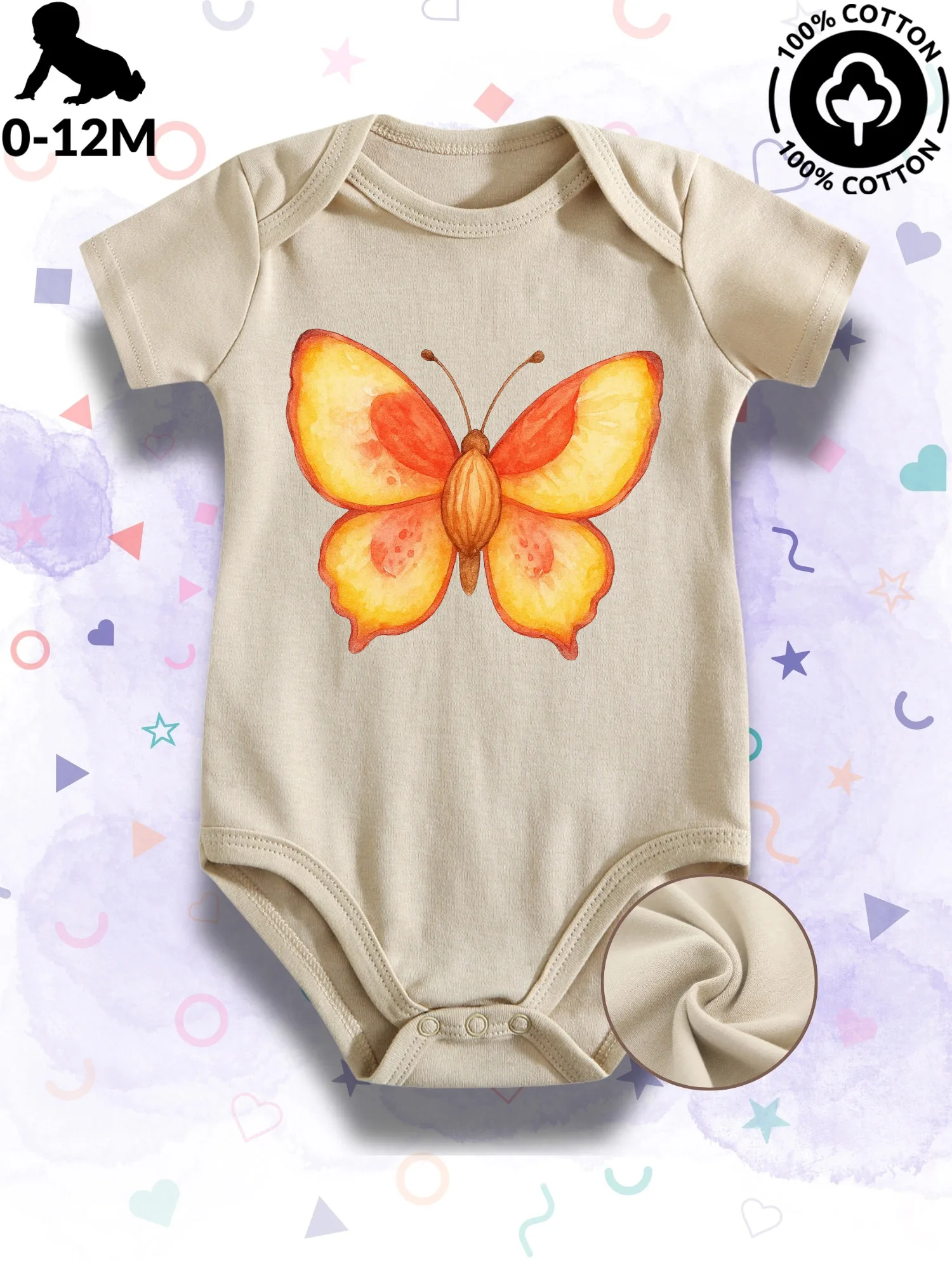 

Watercolor Peach Butterfly Unisex Baby Bodysuit, 100% Cotton Soft Onesie, All-Season Wear Beige Crawling Suit 190GSM