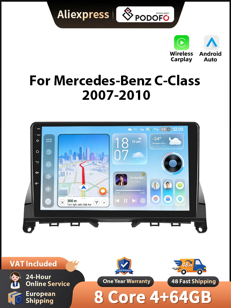 Podofo draadloze CarPlay voor Apple voor Mercedes-Benz C-Klasse W204 S204 2007-2010 Android Auto autoradio GPS FM/RDS stereo WiFi BT - afbeelding 2