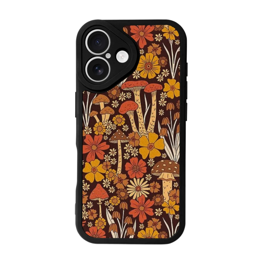 Retro 1970s Brown & Orange Mushrooms Phone Case For iPhone 16 Pro Max Plus Soft Silicone Skin Case