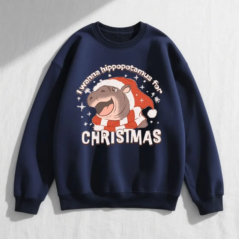 I Want A Hippopotamus for Christmas Long Sleeve Hippos Soft Comfortable Perfect Autumn Winter Thermal Hoodie Long Sleeve Tops