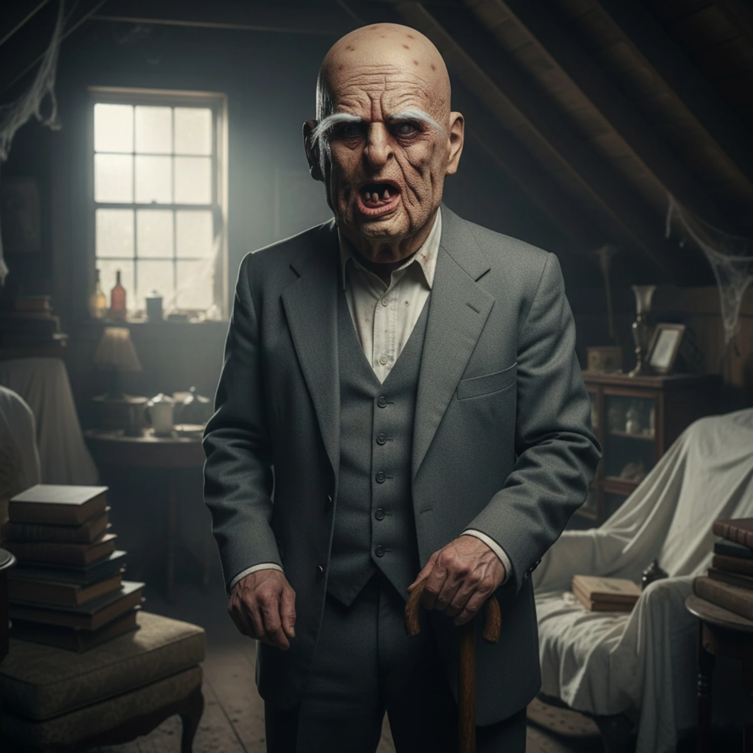 Realistische Old Man Zombie Latexmaske Gruseliger Opa Faltige Eldermaske mit spärlichen Zähnen Weiße Augenbrauen Gruselige Horror-Kopfmaske