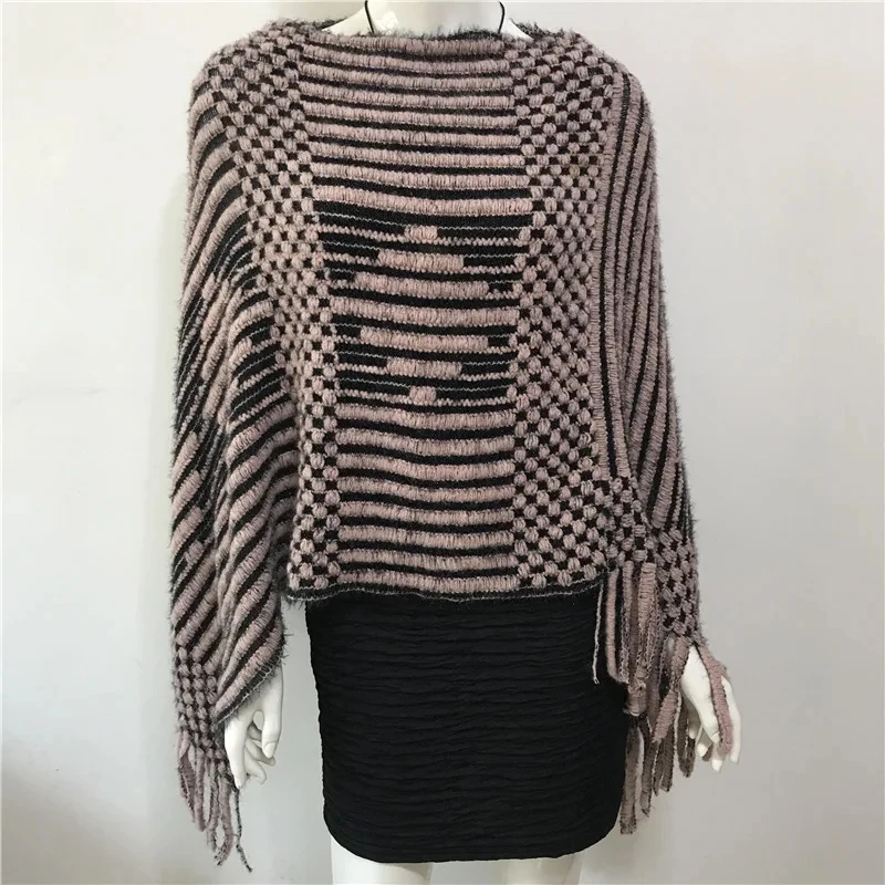 2024 Spring Autumn New V-neck Diamond Stripe Tassel Cloak Female Sweater Women Knitting Poncho Cape Pullover Shawl Red