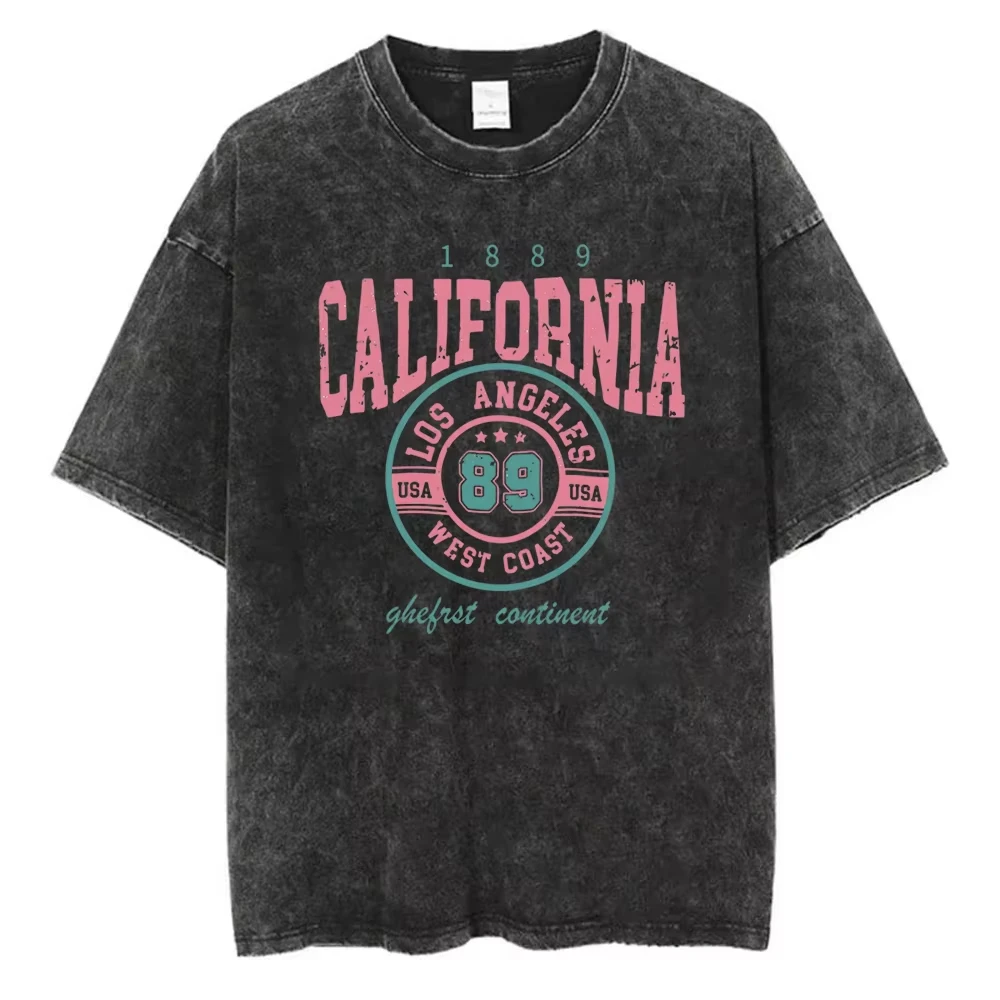 Vintage Washed Cotton T-Shirt Men California Los Angeles 89 Graphic Tee Retro Varsity Style Streetwear Acid Wash Loose Fit Top