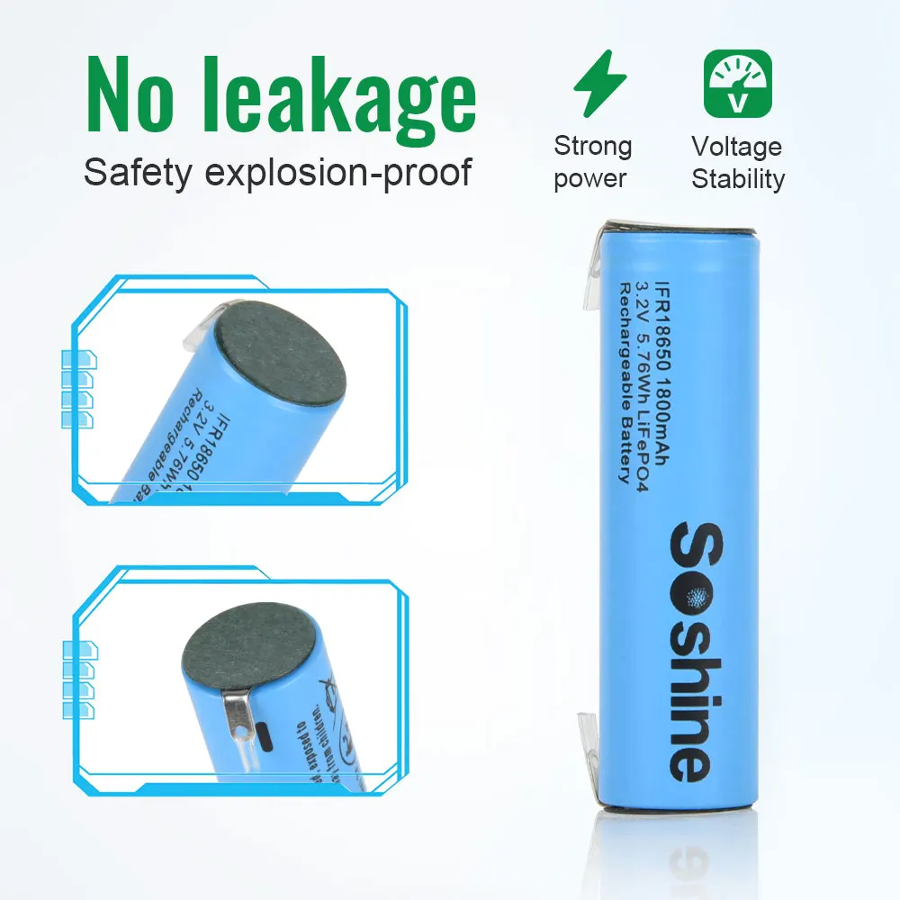 Soshine 18650 1800mAh LiFePo4 Battery with Welding Tabs 3.2V 18650 Rechargeable Battery High quality 1800mAh LiFePo4 Batteries