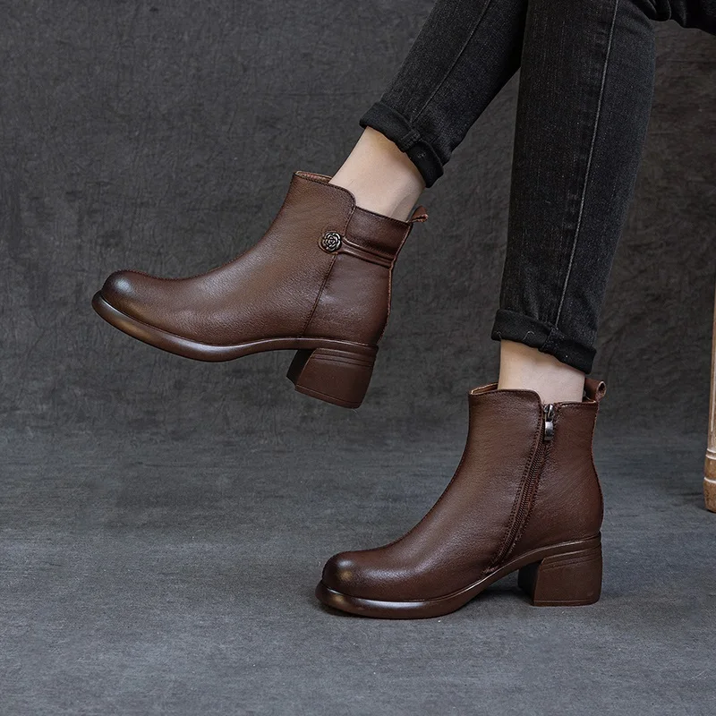 DRKANOL Fashion Women Thick High Heel Short Boots Handmade Retro Style Side Zipper Genuine Leather Winter Plush Warm Ankle Boots