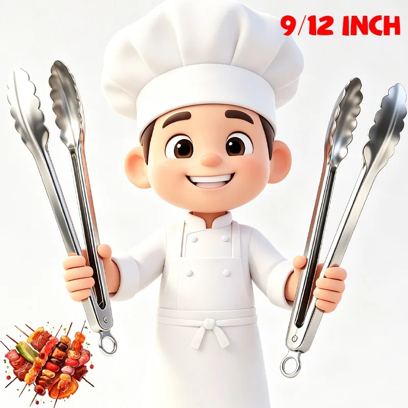9/12 Inch Stainless Steel Baking Tongs for Kitchen Locking Cooking BBQ Grill Clip Clamp Salad Steak Meal Food Tableware