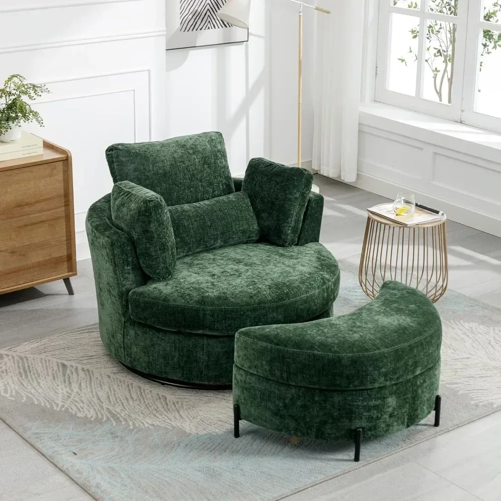 Swivel Accent Barrel Chair with Storage Large Ottoman Chaise Lounge Chair Comfy Big Round Cuddle Reading Chair for Living Room