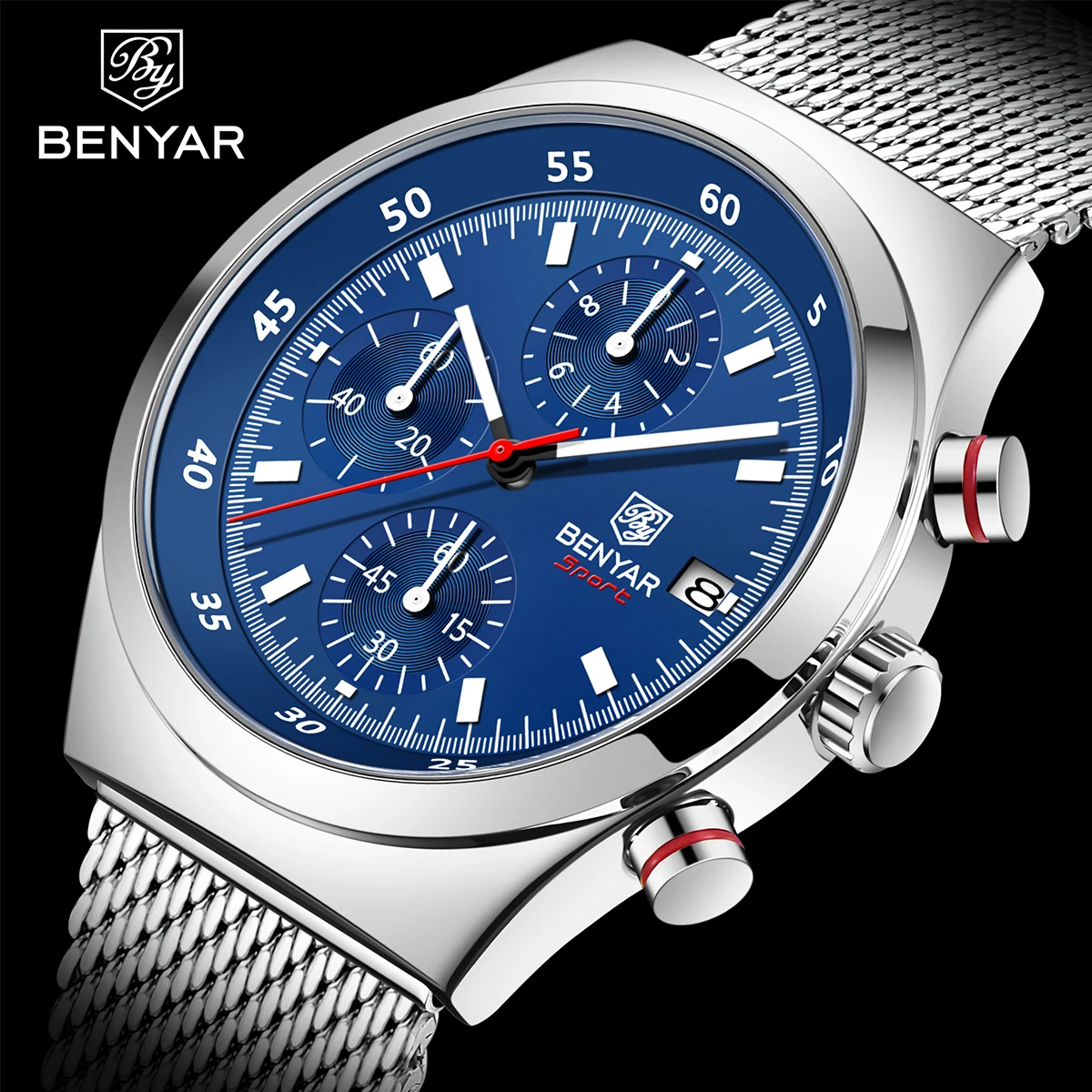 Benyar - New BY-5200 43mm Night Light Dial Men\'s Quartz Watch Chronograph 30 meter Waterproof Men\'s Chronograph