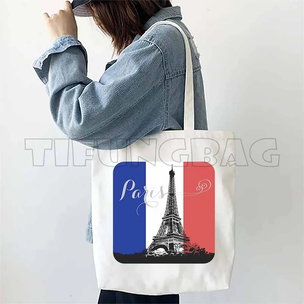 Shoulder Bags French Flag Paris Eiffel Tower Heart Square Tote Bags For Women Shopper Bags Canvas Shoulder Bag Beach Handbag