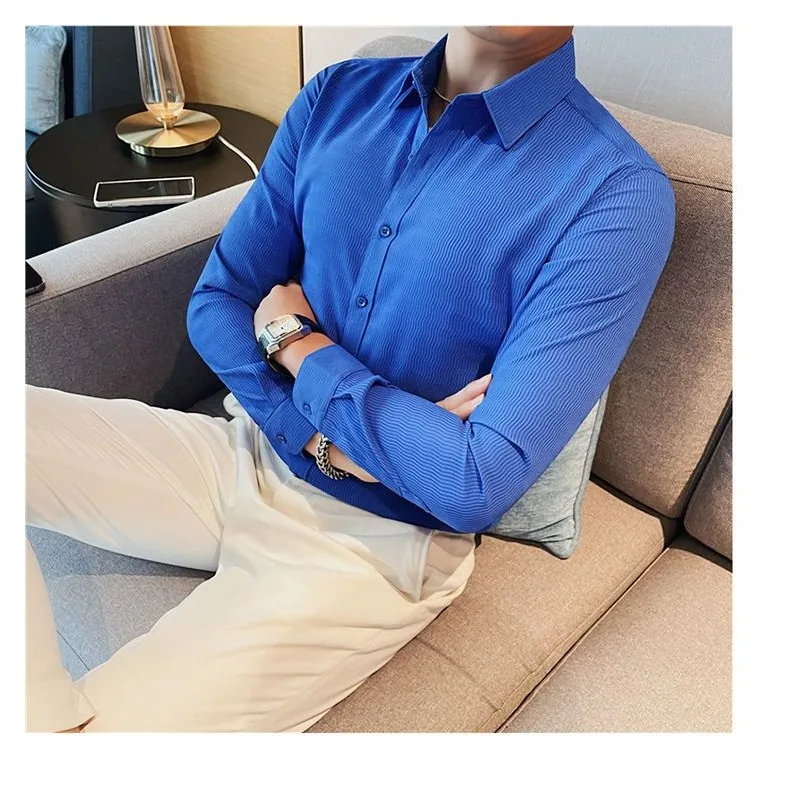 Men's Clothing Spring and Autumn high quality Wave Pattern Design Slim-fit Handsome Casual Klein Blue Long-sleeved Shirt