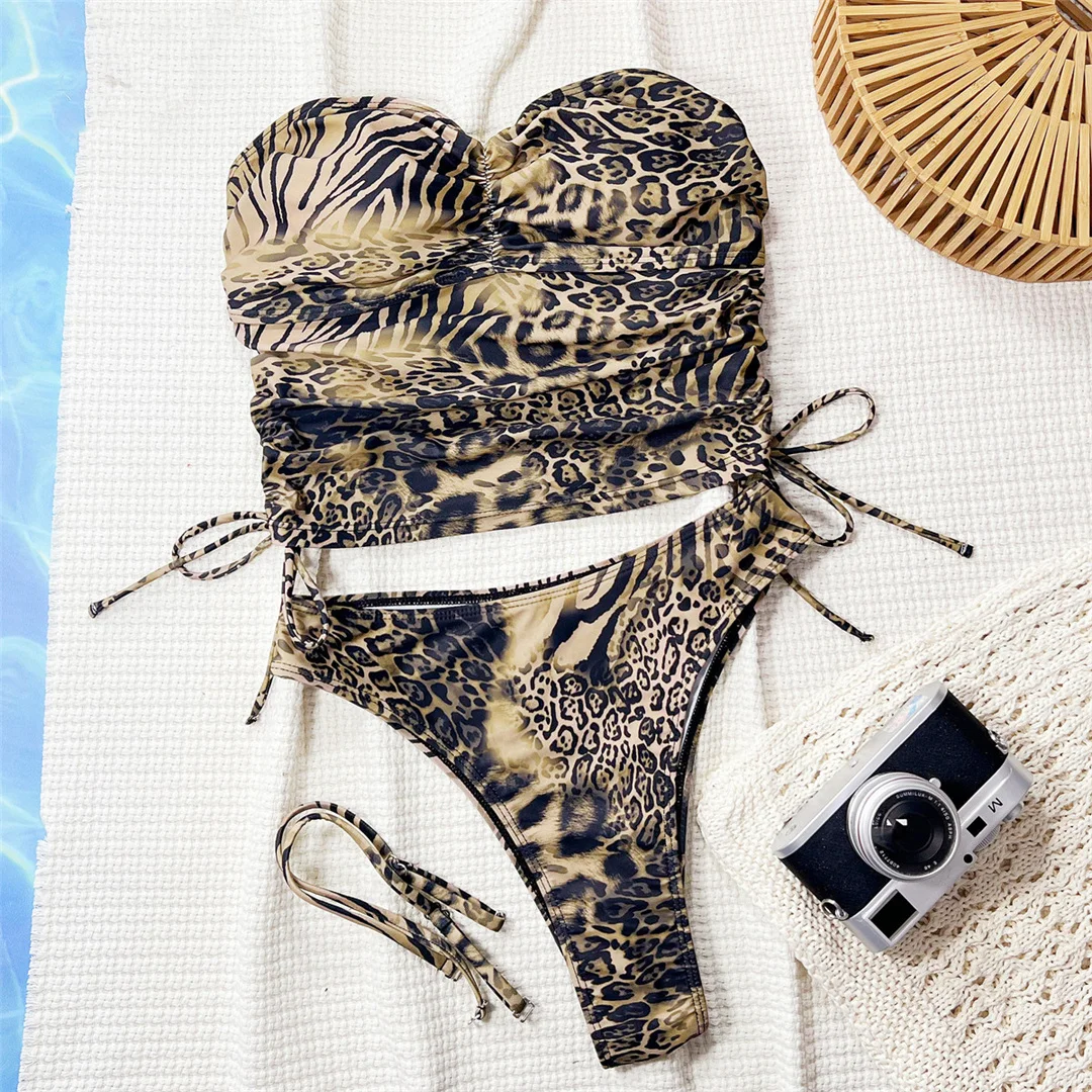 Zweiteiliges Bikini-Set 2026 Neues Leoparden-Tankini-Bandeau mit hohem Beinausschnitt, Damen-Badeanzug, Badebekleidung für Frauen, Bather V7295 – Detail 7