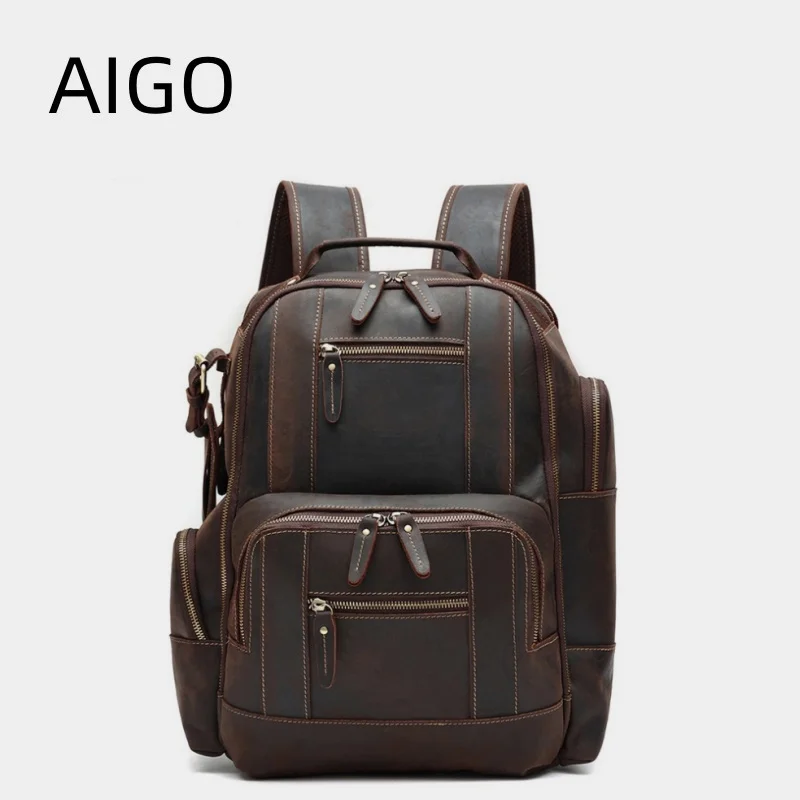 AIGO Vintage Genuine Leather Backpack Laptop Bag Crazy-horse Leather School Bag Outdoor Travel Weekender Shoulder Bag Mochila