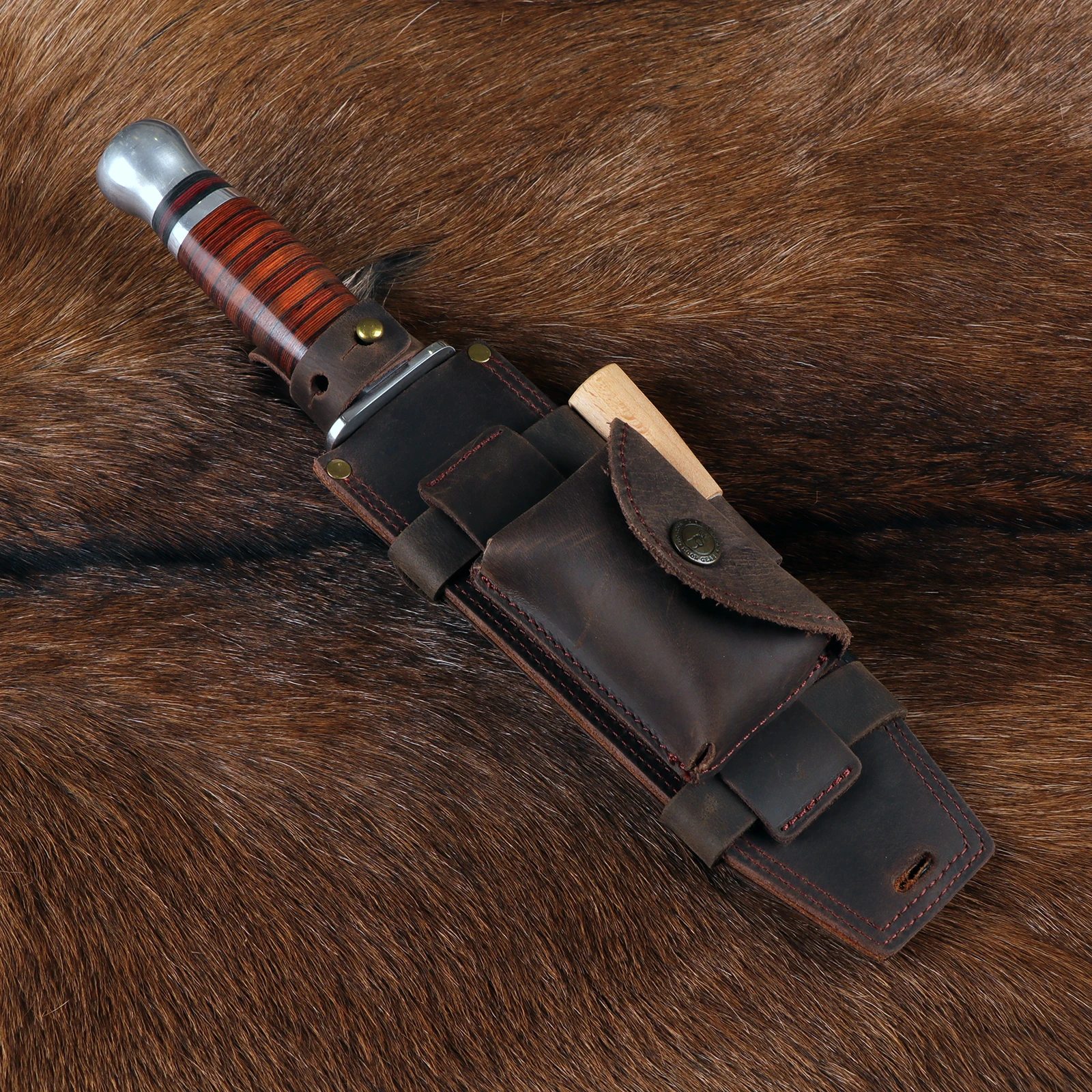 Tourbon Camping-Ledermesserhülle Jagd-Mehrzweck-Festklingentasche mit Feuerstarter-Schlitz für Gürtel (ohne Messer) – Detail 13