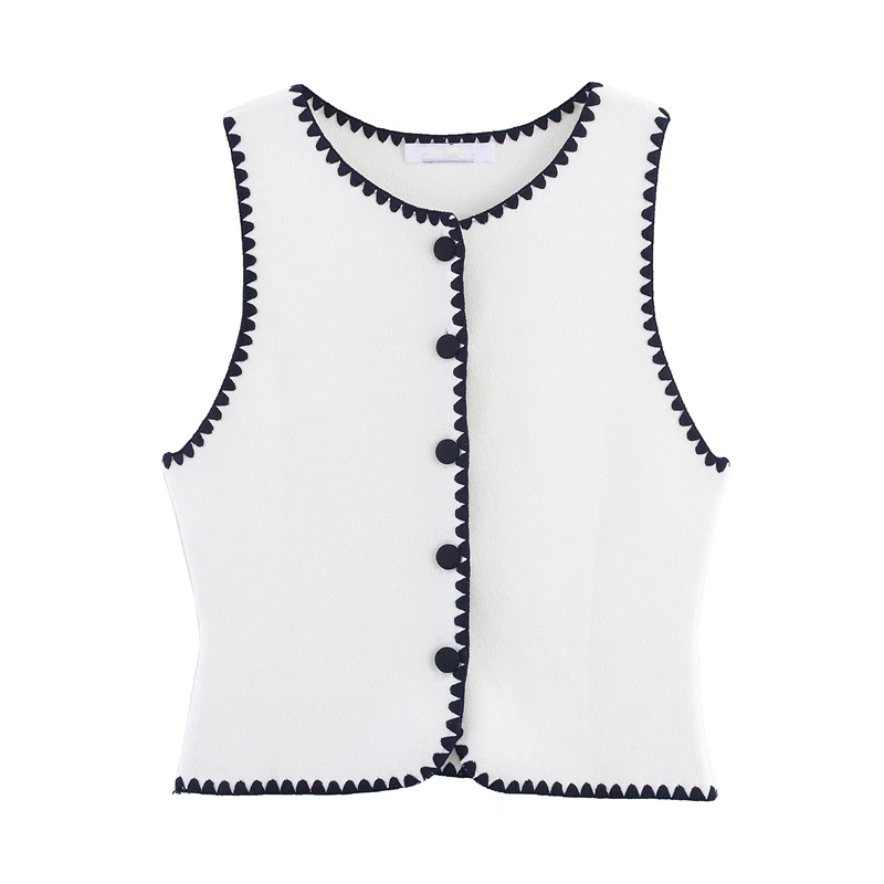 Maxdutti Minimalista alla moda ed elegante blu navy pizzo bianco gilet senza maniche cardigan lavorato a maglia monopetto top da donna