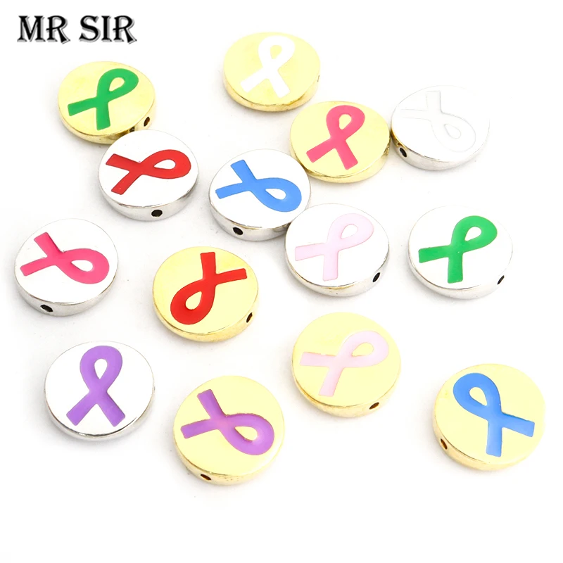 10pcs Colorful Ribbon Pattern Enamel Spacer Beads Pink Ribbon Breast Cancer Awareness Beads Pendants for Jewelry Making Supplies