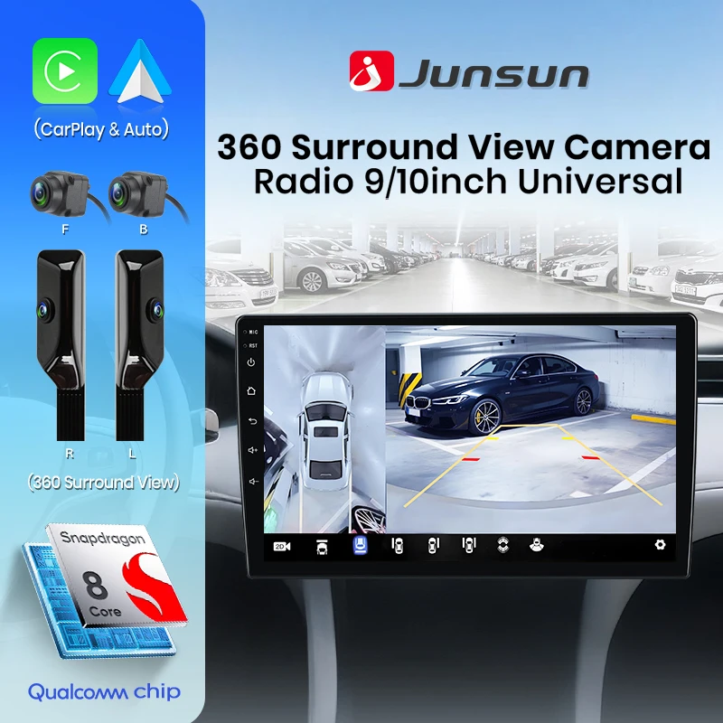 Autoradio Junsun 8 cœurs Qualcomm avec caméra 360°, CarPlay sans fil pour Apple, Android Auto, stéréo universelle, 4G, GPS, RDS, WiFi, BT, SWC, Navi, unité centrale stéréo