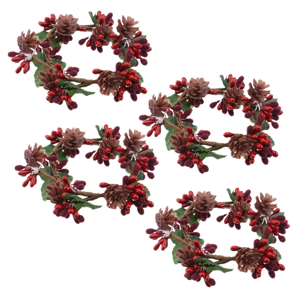 

4Pcs Christmas Rings Artificial Simulation Pine Cone Berry Garland Holiday Table Centerpiece Party Decor