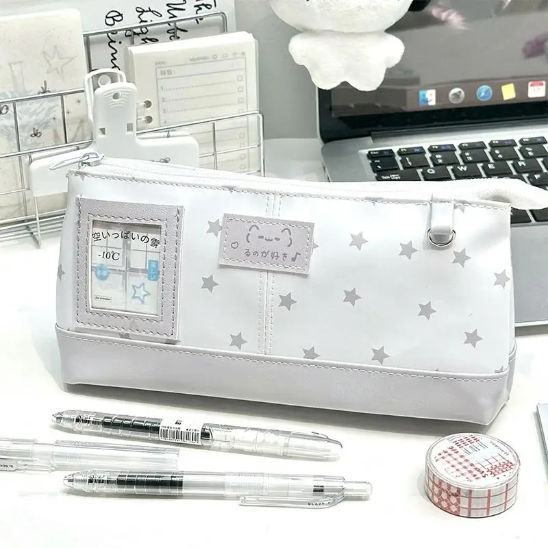 PU Leather Pencil Case Clear Window And Large Capacity Perfect For School Students Stationery Storage