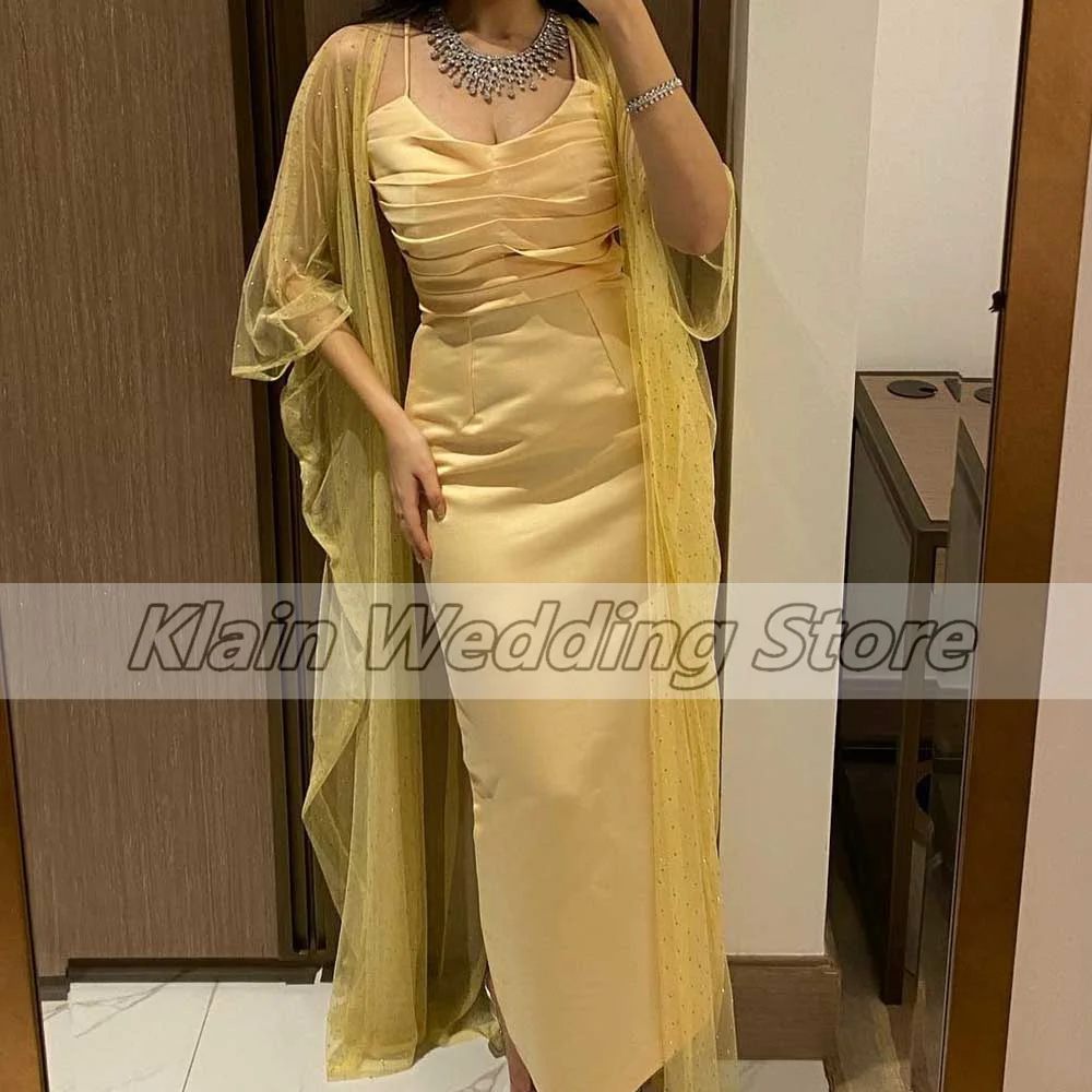 Customized Yellow Satin Sheath Prom Dress Spaghetti Strap V-Neck Pleated Tulle Shawl Sleeveless Temperament Elegant Ladies' Part