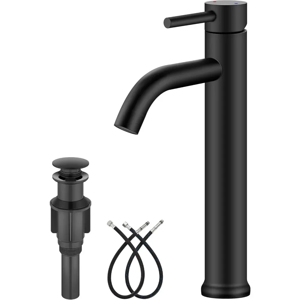 

Basin Faucets Matte Black Vessel Sink Bathroom Tall Stainless Steel Bathroom Sink Faucet Single Handle One Hole Round Body