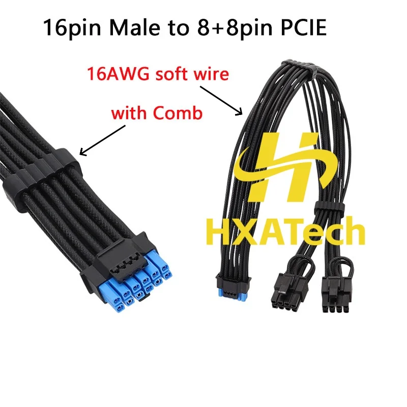HXATech-Colorful 12VHPWR to Dual 8Pin Video Card Power Cable 16Pin male to 2×8Pin Connector Cord 16AWG with Comb 2080