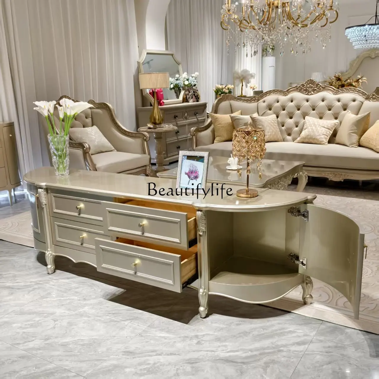 

French solid wood TV cabinet European court luxury living room solid wood carving flower floor cabinet