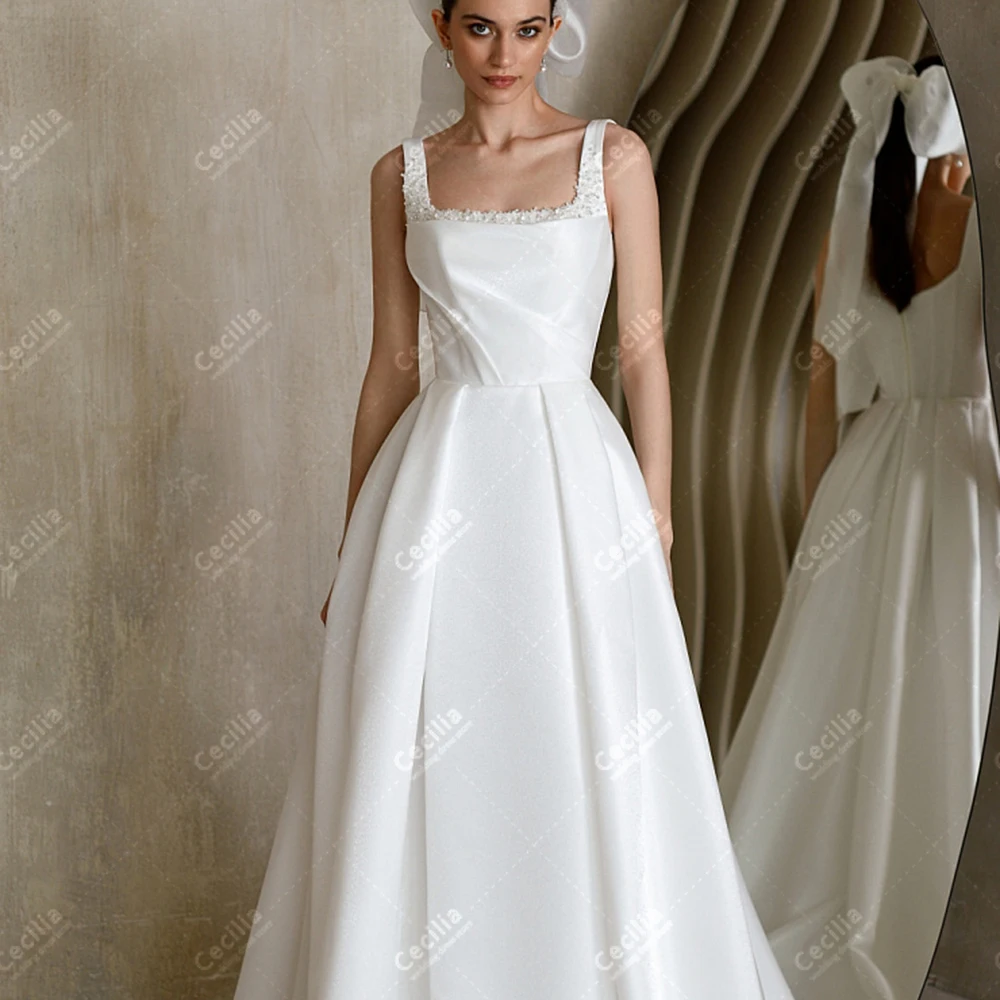 

Graceful Wedding Dresses A Line Bridal Gowns Satin Square Collar Backless Robes Sleeveless Vestidos De Novia Customized 2025