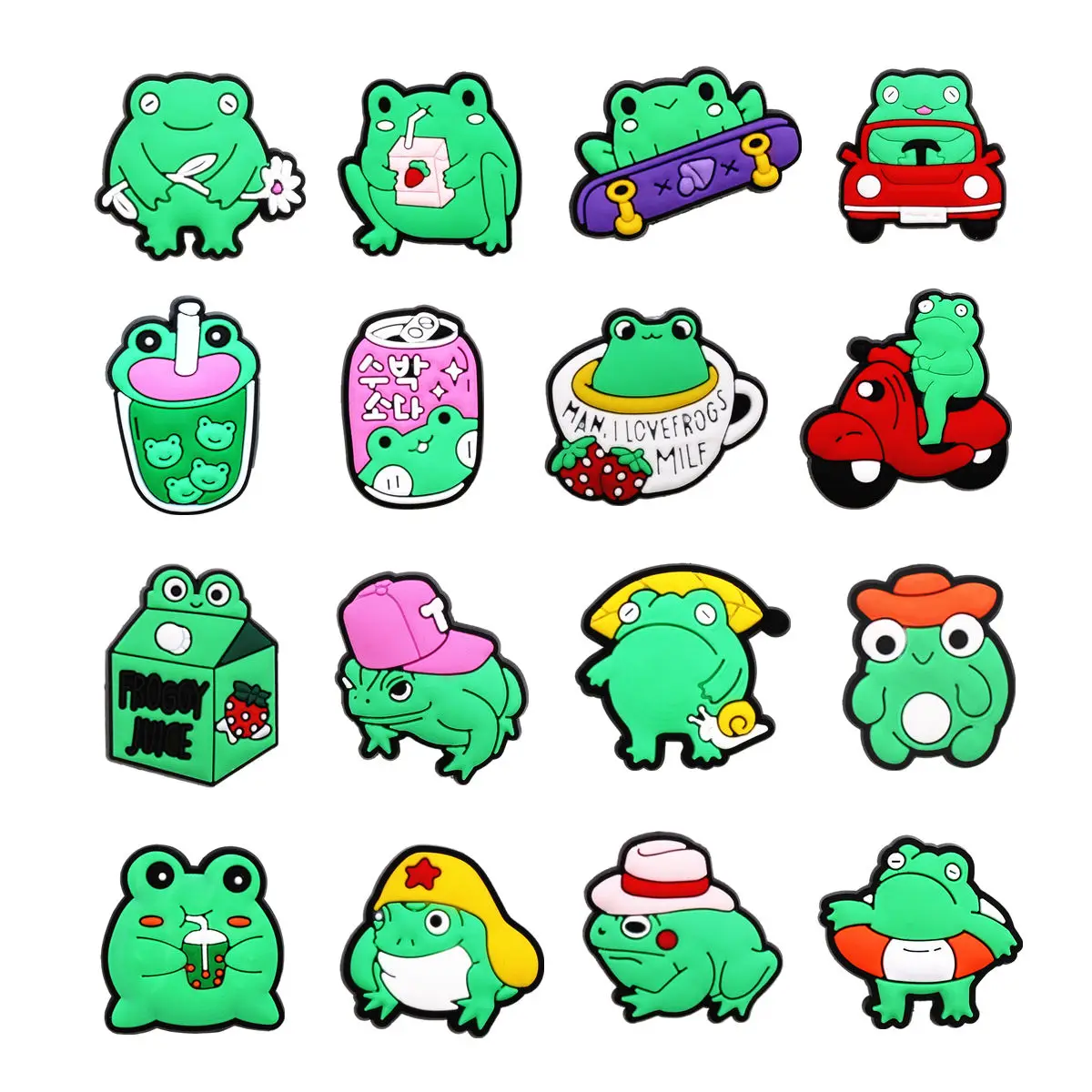 1Pc Frog Clog Charms Skateboard Car Bubble Tea Milk Box Kawaii Cute Aesthetic Shoe Studs DIY Badges Fun Novelty Accessory Gift